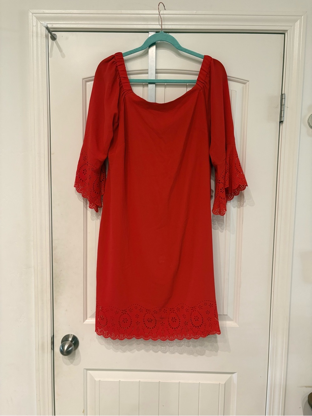Signature by Robbie Bee Red Square-Neck Eyelet Hem Dress